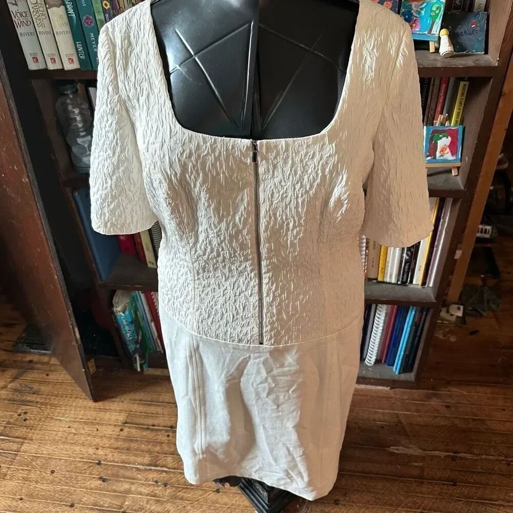 Loft white zip front 14 business casual royalcore pencil dress